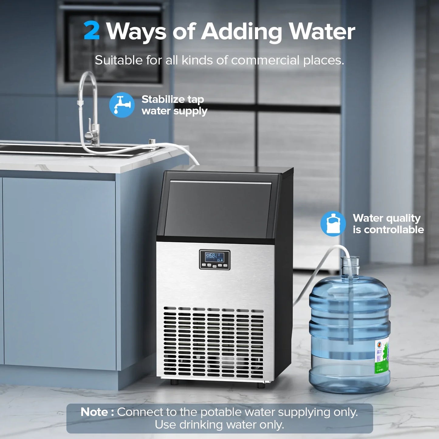 Auseo Commercial Crescent Ice Maker, 100Lbs/24H Stainless Steel, 64Pcs in 11-20 Mins, 2 Water Adding Modes, Companies/Families/Bars