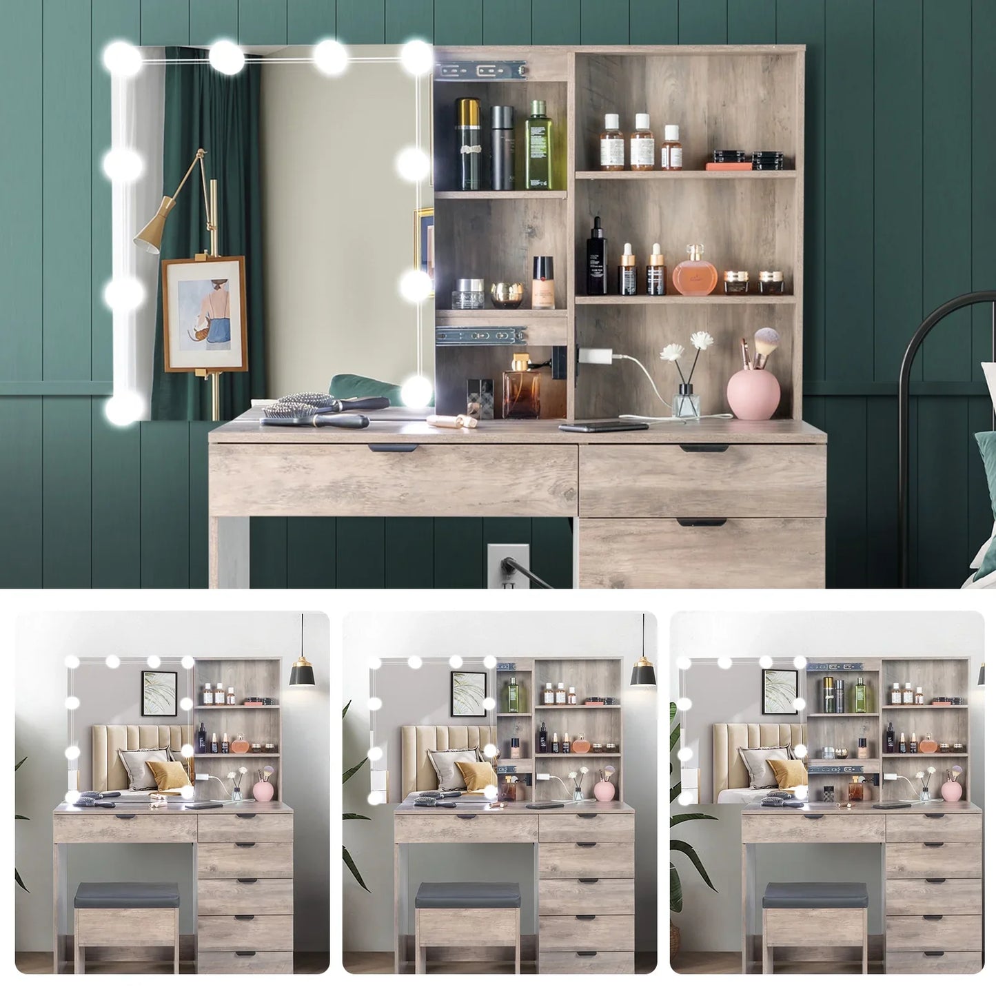 Ktaxon Vanity Set with 3 Color Lighted Mirror & Charging Station, Makeup Table with 6 Drawers, Dressing Table Makeup Desk with Stool,Retro Gray