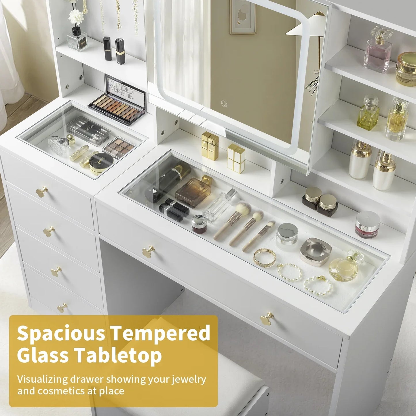 Ktaxon Large Makeup Vanity with 9 Drawers, Vanity Desk with 3 Color Light, Vanity Table Set w/ Visible Glass Top and USB Charging Station, for Girls and Women, White