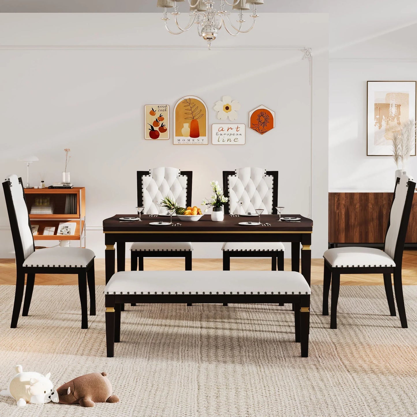 Churanty Retro 6 Pieces Kitchen Dining Table Set, 62.7Rectangular Table and 4 High-Back Tufted Chairs & 1 Bench, Wood Family Dining Room Table Set for 6,Espresso