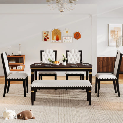 Churanty Retro 6 Pieces Kitchen Dining Table Set, 62.7Rectangular Table and 4 High-Back Tufted Chairs & 1 Bench, Wood Family Dining Room Table Set for 6,Espresso