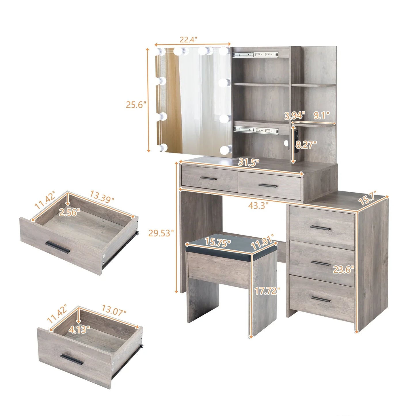 Ktaxon 3 Color Lighted Vanity Set & Charging Station,Makeup Dressing Table with Sliding Lighted Mirror, Dresser Desk and Cushioned Stool Set (Retro Gray)