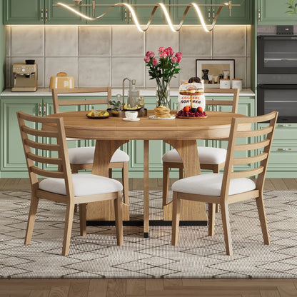 Churanty Farmhouse Extendable Round Dining Set for 4, Wood Round Kitchen Table with Leaf, 4 Upholstered Chairs for Dining Room, Natural