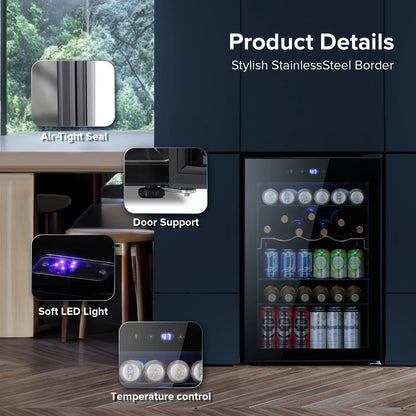 Auseo 145 Cans Beverage Refrigerator Cooler, Black Glass Door, Adjustable Shelf, Bar/Office/Home, Black