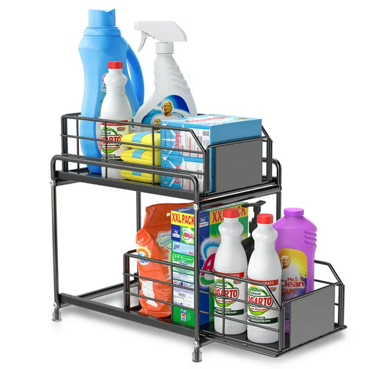 VAVSEA Metal Under Sink Organizers, 2 Tier Bathroom Cabinet Organizers, Slide Out Sink Shelf Cabinet with Sliding Drawers for Kitchen, Black, 14.17*12.6Inch