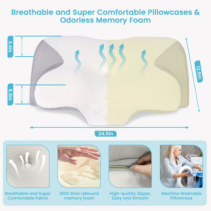 Cervical Pillow for Neck Pain Relief, Contour Memory Foam, Ergonomic Orthopedic Neck Support Pillow for Side, Back &amp; Stomach Sleepers with Breathable Pillowcase, Grey
