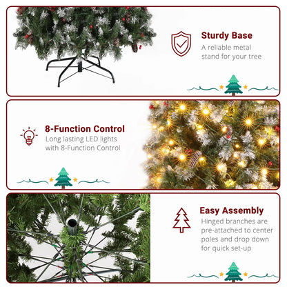 Ktaxon 9ft Pre-lit Slim Christmas Tree with Remote Control, Red Berry & Pinecones Xmas Tree with 460 LED Lights, 1298 Branch Tips, Green