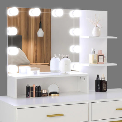 Ktaxon Makeup Vanity with 9 Drawers, Vanity Desk with 3 Color Light, Vanity Table Set w/ Drawer Dresser, for Girls and Women, White