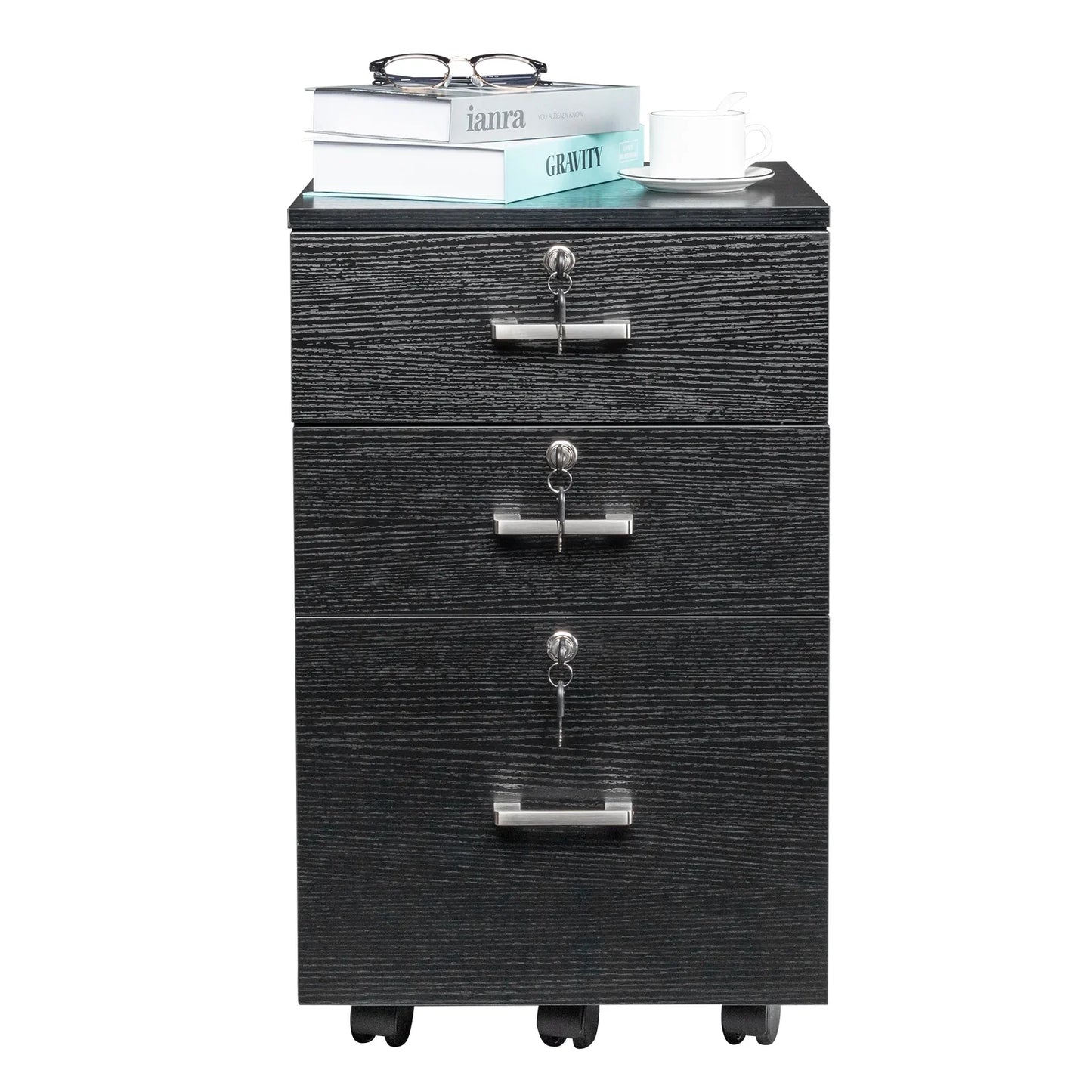 Ktaxon 3-Drawer Rolling Wood File Cabinet with Lock, Portable Vertical Mobile Wooden Storage Filing Cabinet for Home Office,Black