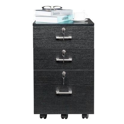 Ktaxon 3-Drawer Rolling Wood File Cabinet with Lock, Portable Vertical Mobile Wooden Storage Filing Cabinet for Home Office,Black