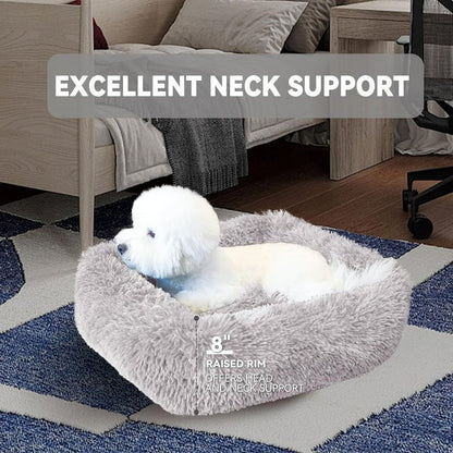 QKURT Cat Bed for Indoor Cats, Small Dog Beds for Small Dogs, Soft Long Plush Cushion Washable Puppy Bed,Self-Warming Square Cat Bed Anti-Slip Bottom Cushion (26 x 22 x 8 inch, Grey)