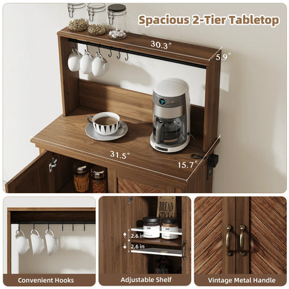 JOINICE Farmhouse Coffee Bar Cabinet,Charging Station,6 Hooks and Adjustable Shelf, Walnut
