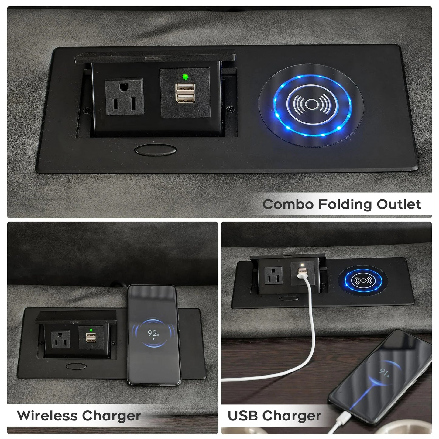 Manual Recliner Sofa Sets with Bass Speaker,Wireless Charger Faux Leather Manual Reclining Living Room Furniture Set