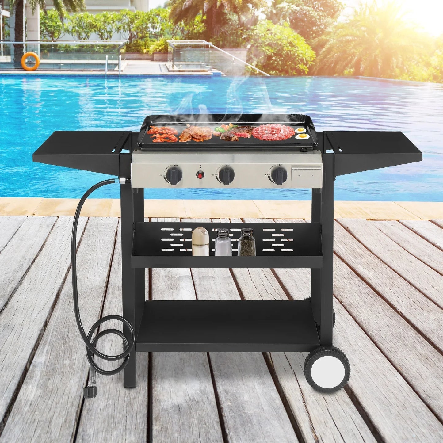 Ktaxon 3 Burner Propane Griddle Flat Top Gas Grill 30000 BTU with Ceramic Coated Cast Iron Pan,Side Shelves,Spice Rack,Wheels
