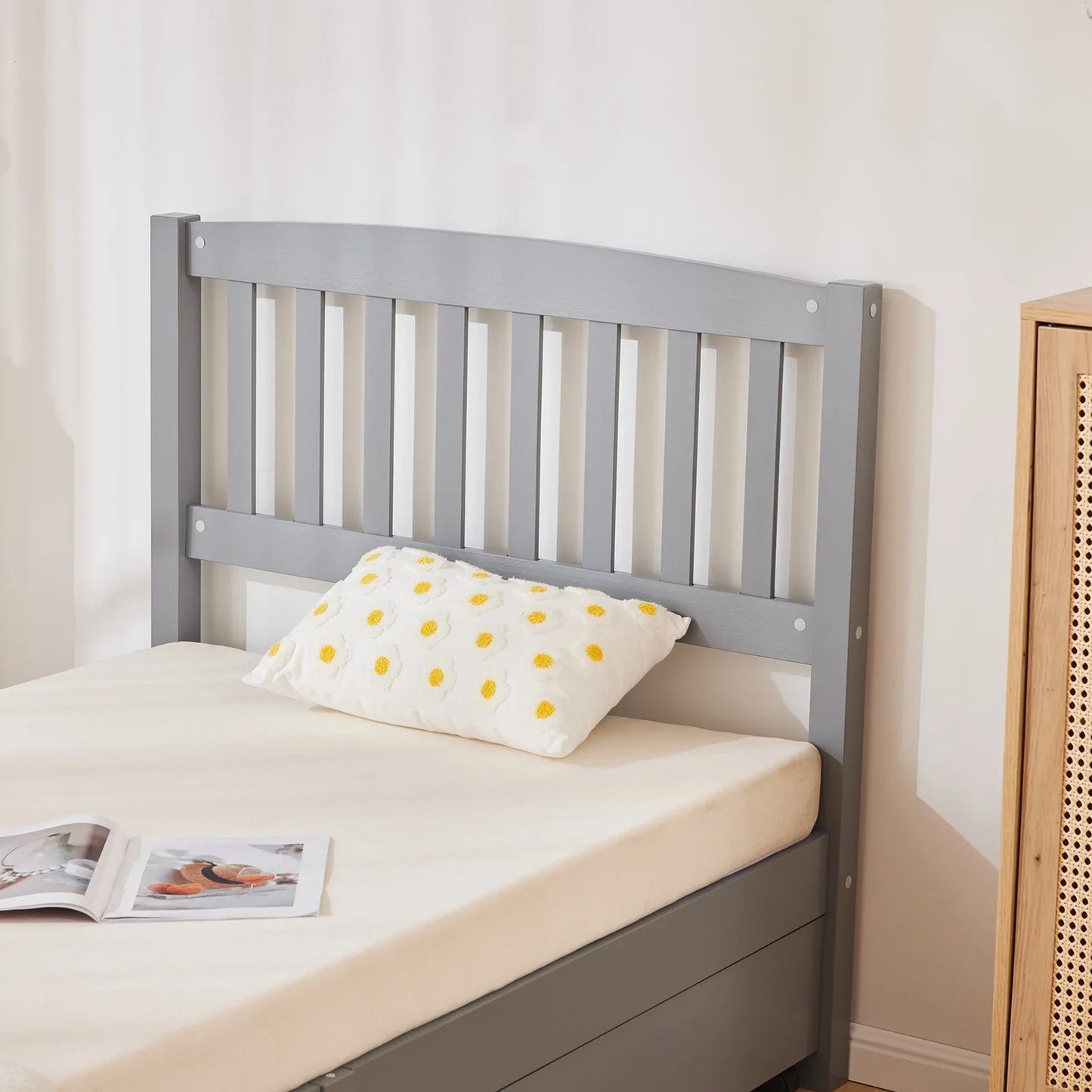 Ktaxon Wood Twin Bed with 4 Storage Drawers, Solid Wood Platform Bed with Headboard, Wooden Slats Support Mattress Foundation, No Spring Needed, Twin Bed Frame for Kids, Teens, Adults, Grey