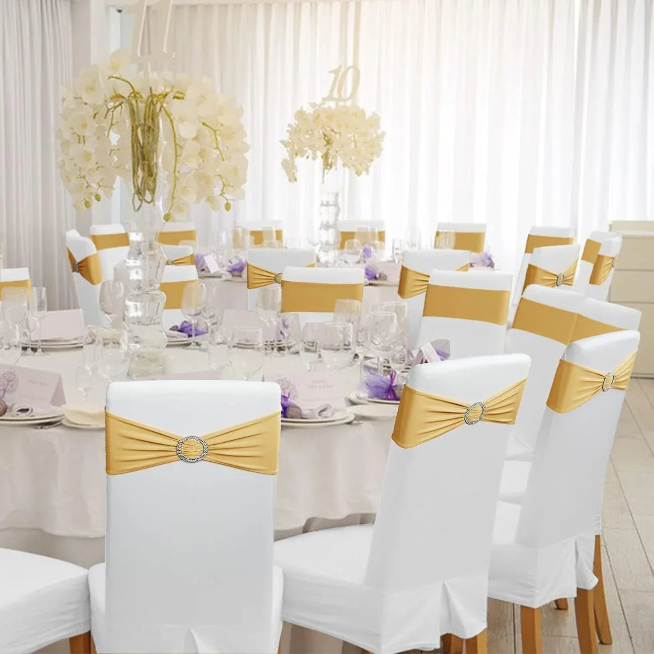 Spandex Chair Sashes Bands 50 PCS Stretch Chair Ties Bows with Buckle Slider for Wedding Party Banquet Decoration (Gold)