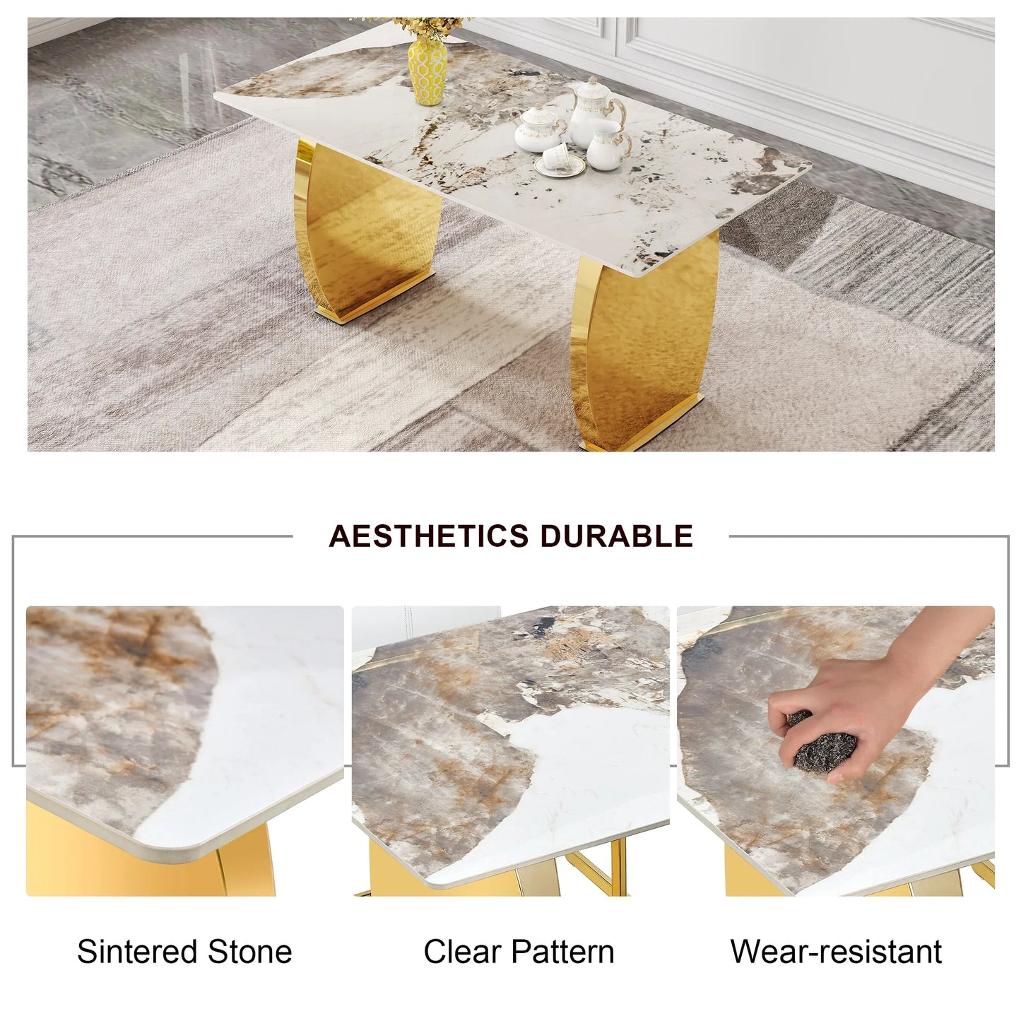 Sumdeal 63" Modern Sintered Stone Dining Table with 6 Velvet Dining Chairs,White pattened Table with Golden Leg,6 Beige Chairs