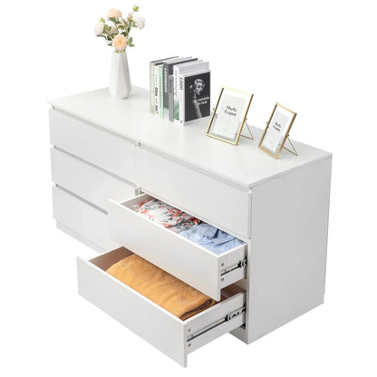 Ktaxon 6 Drawer Double Dresser, Wooden Chest, Modern Wide Storage File Cabinet Unit Nightstand for Bedroom, White