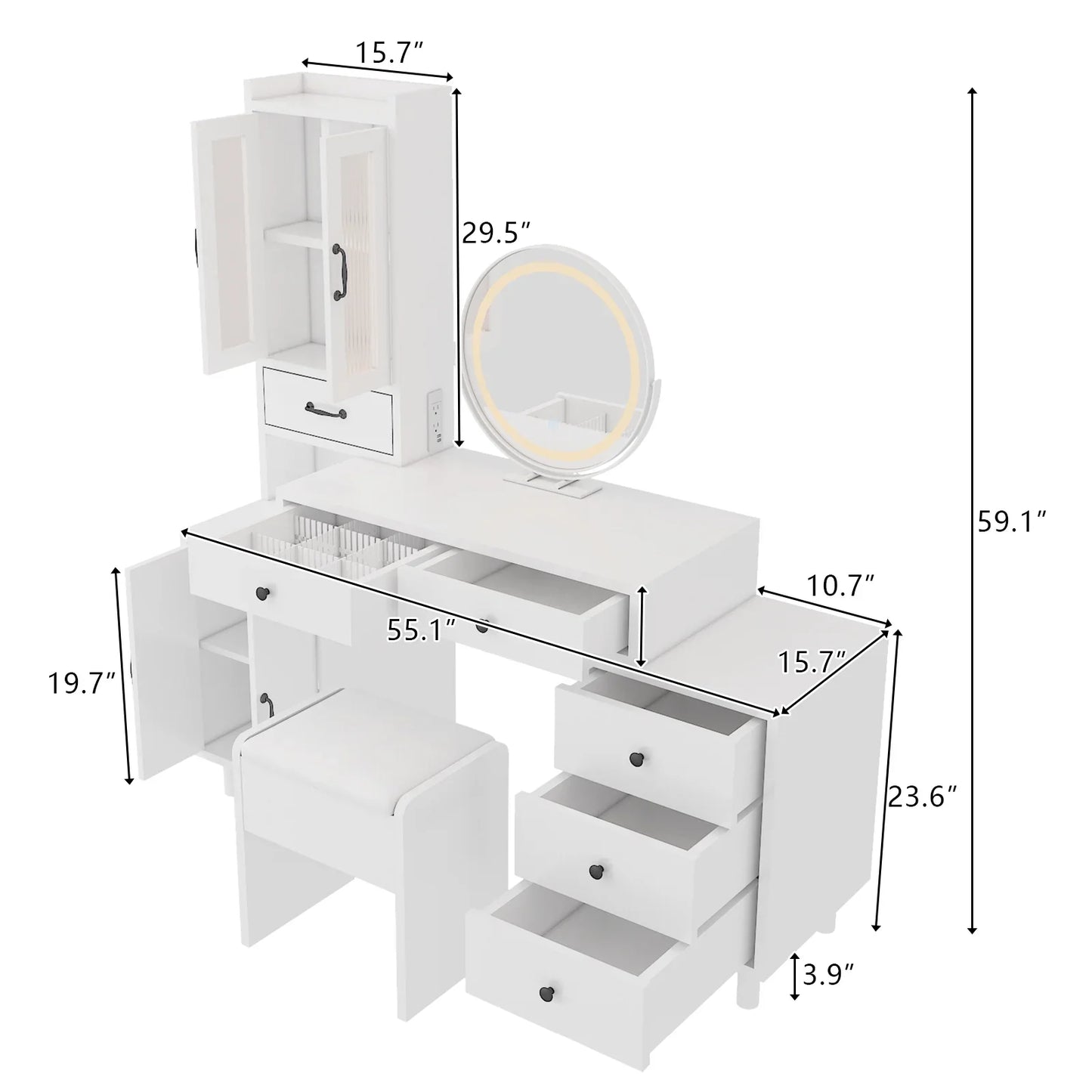 Ktaxon Makeup Vanity Set with USB Charging&3 Color Lighted Mirror, Large Makeup Vanity with Storage Cabinet and Drawers, Dressing Table for Girls, Women, Gold, White