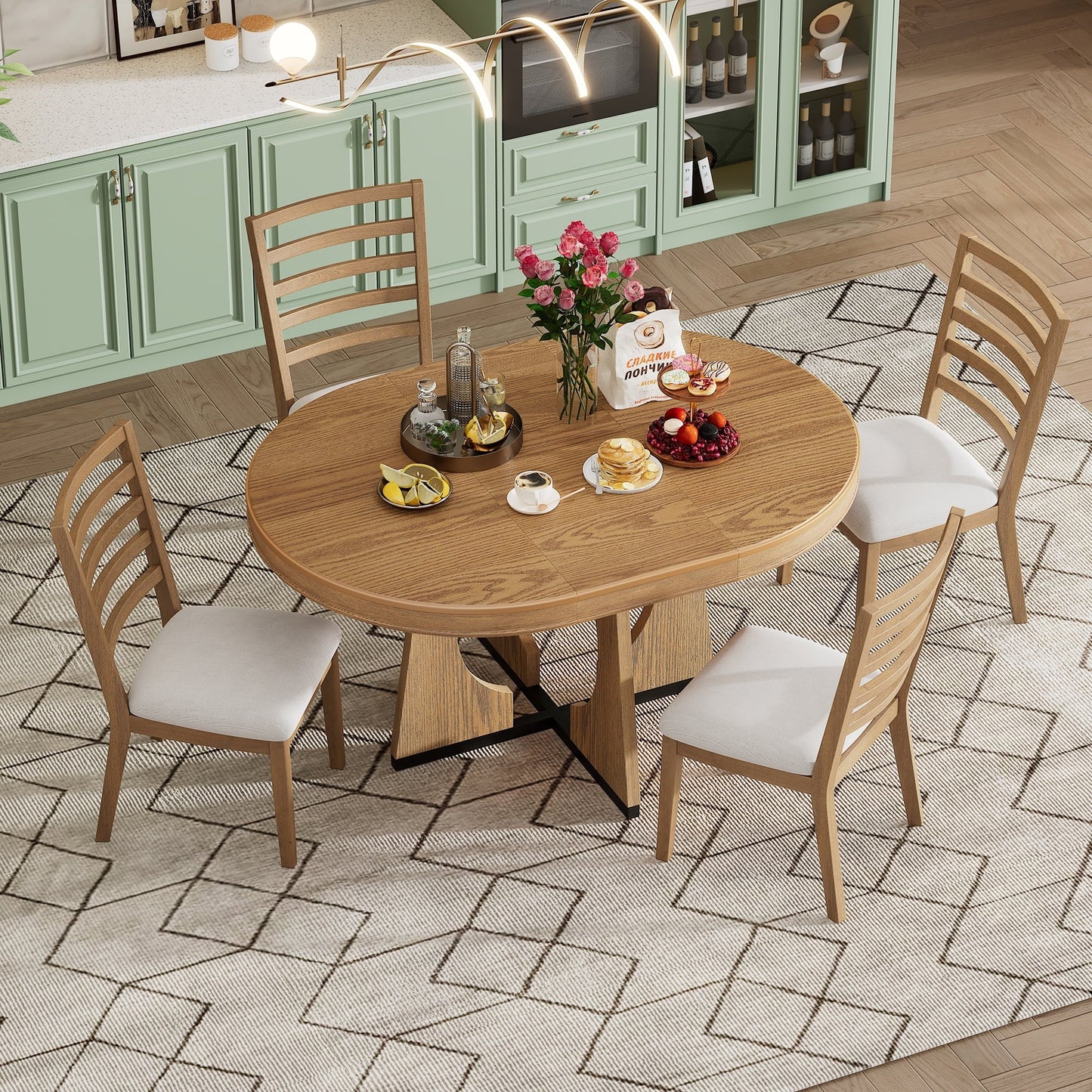 Churanty Farmhouse Extendable Round Dining Set for 4, Wood Round Kitchen Table with Leaf, 4 Upholstered Chairs for Dining Room, Natural