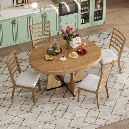 Churanty Farmhouse Extendable Round Dining Set for 4, Wood Round Kitchen Table with Leaf, 4 Upholstered Chairs for Dining Room, Natural