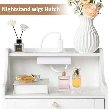 Ktaxon Nightstand with Wireless Charging Station for Bedroom, Bedside Table Night Stand with Hutch and Storage Drawers, White