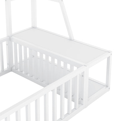 VLDTDRDI Twin Size Toddler Floor Bed with Desk and Storage Shelves,Playhouse Floor Bed Frame for Kids,Metal Floor Bed Twin Size with Safety Guardrails,Bed Twin Size for Girls,Boys
