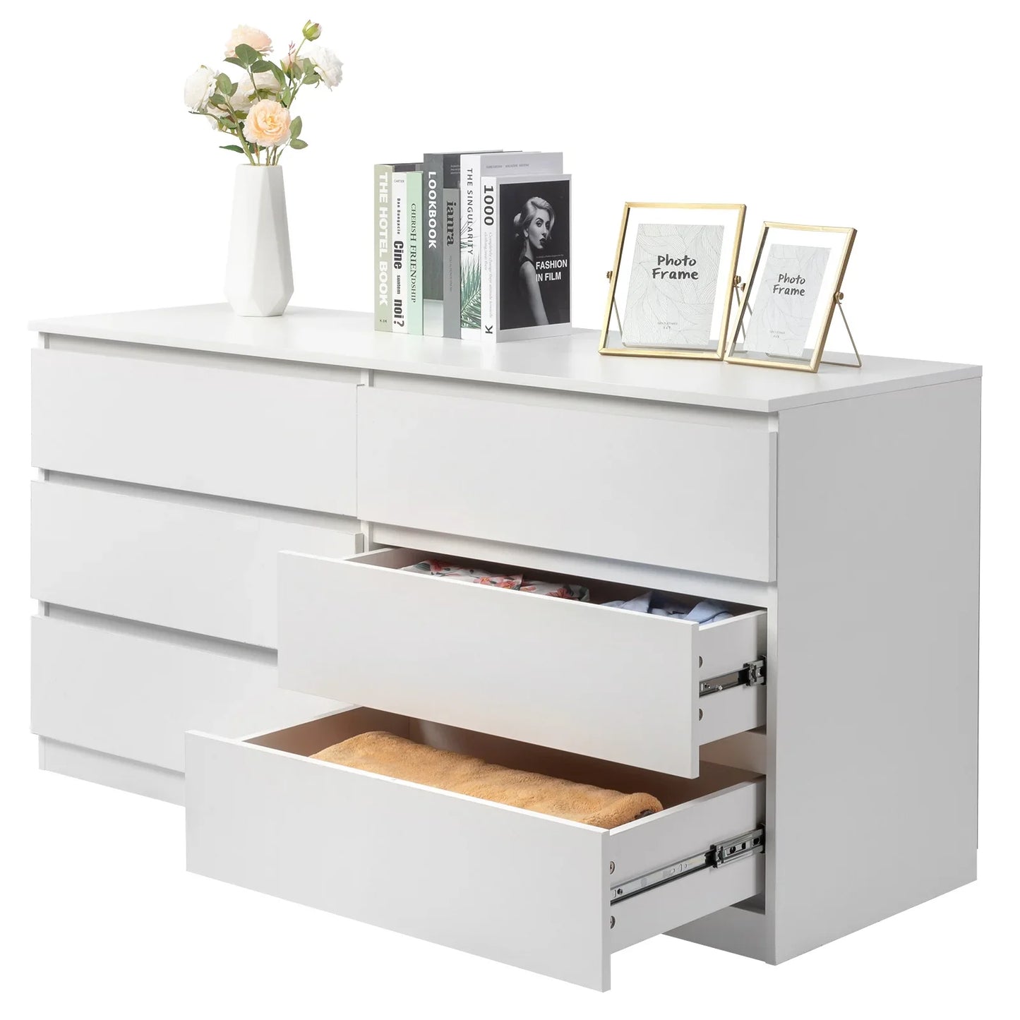 Ktaxon 6 Drawer Double Dresser, Wooden Chest, Modern Wide Storage File Cabinet Unit Nightstand for Bedroom, White