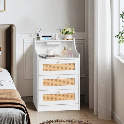 Ktaxon Nightstand with Wireless Charging Station for Bedroom, Bedside Table Night Stand with Hutch and Storage Drawers, White