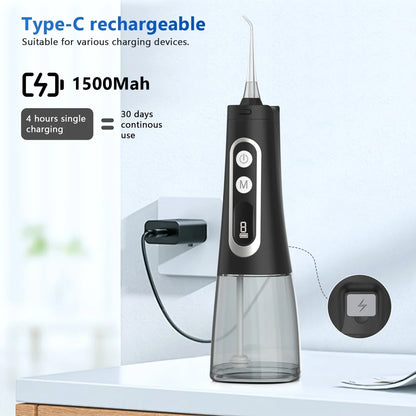 Cordless Water Flosser, Portable Dental Teeth Cleaner, 310ML Tank USB Rechargeable Dental Oral Irrigator for Home and Travel, 4 Modes 8 Jet Tips, IPX7 Waterproof, Easy-to-Clean（Black）