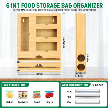 Foil and Plastic Wrap Organizer for Ziplock, 6 in 1 Bamboo Wrap Dispenser Compatible with 12" Parchment Paper Roll Cutter for Gallon, Quart, Sandwich Bags, Roll etc