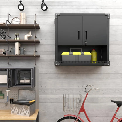 IKIMI Metal Wall Cabinet, Garage Hanging Cabinet with Doors and Shelf for Warehouse, Tool Room, Kitchen, Assembly Required(Black)