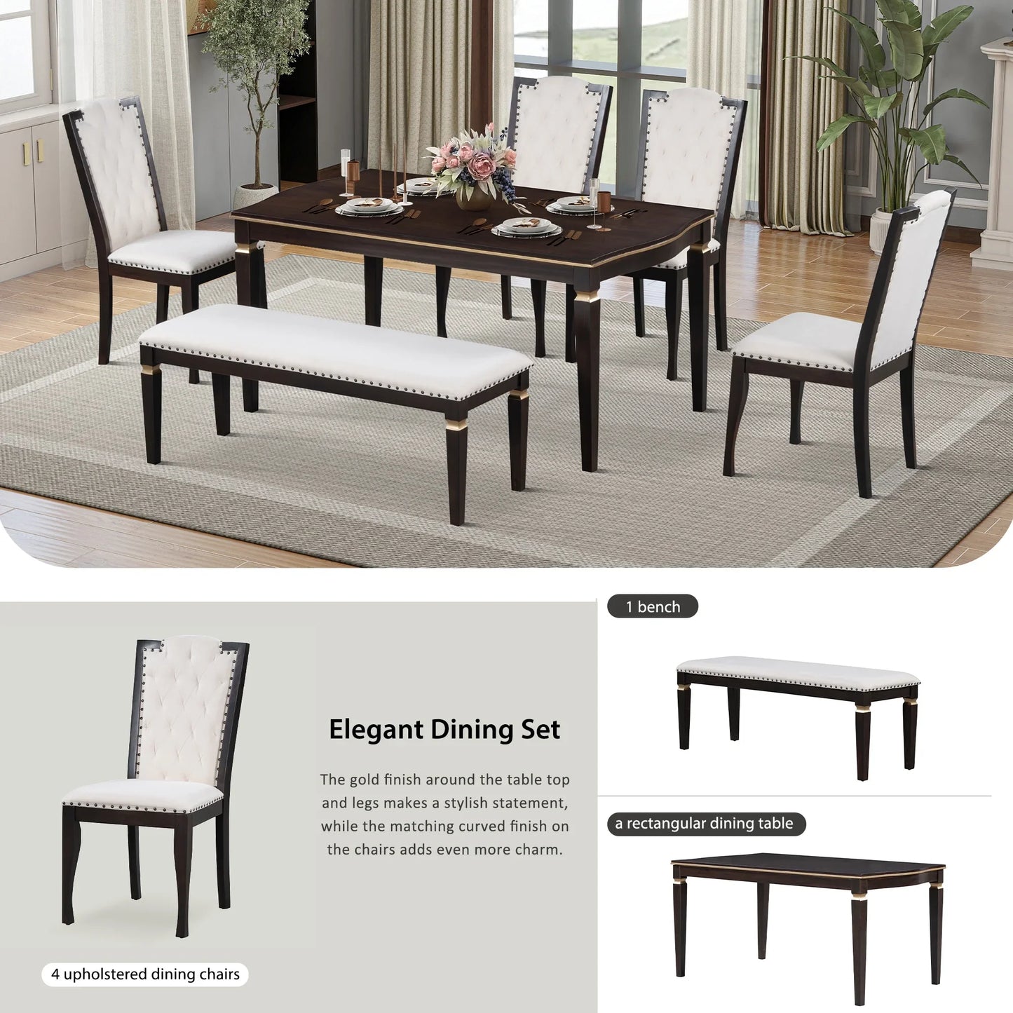 Churanty Retro 6 Pieces Kitchen Dining Table Set, 62.7Rectangular Table and 4 High-Back Tufted Chairs & 1 Bench, Wood Family Dining Room Table Set for 6,Espresso