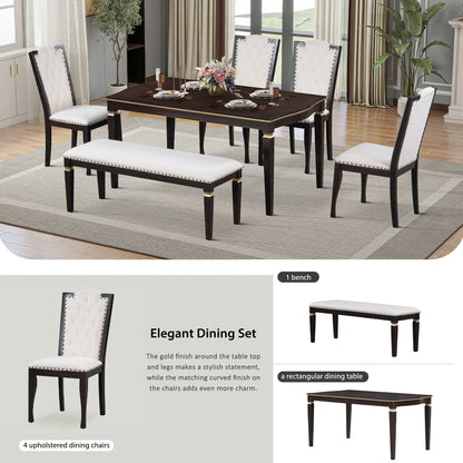 Churanty Retro 6 Pieces Kitchen Dining Table Set, 62.7Rectangular Table and 4 High-Back Tufted Chairs & 1 Bench, Wood Family Dining Room Table Set for 6,Espresso