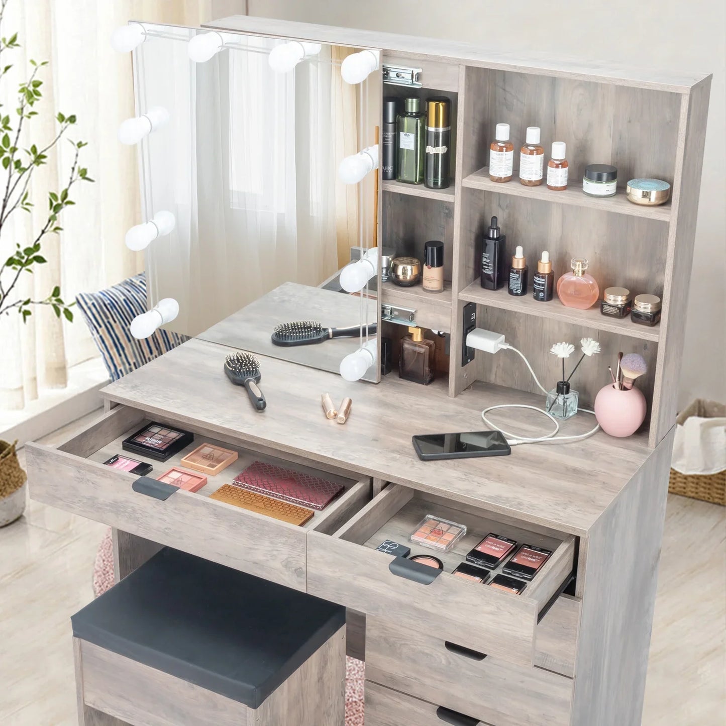 Ktaxon Vanity Set with 3 Color Lighted Mirror & Charging Station, Makeup Table with 6 Drawers, Dressing Table Makeup Desk with Stool,Retro Gray