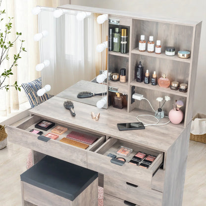 Ktaxon Vanity Set with 3 Color Lighted Mirror & Charging Station, Makeup Table with 6 Drawers, Dressing Table Makeup Desk with Stool,Retro Gray