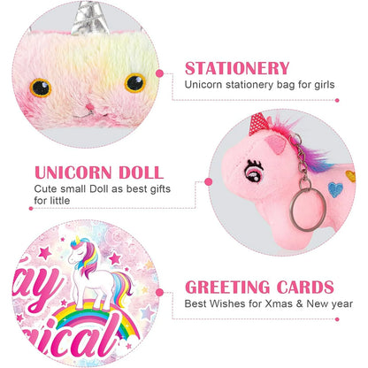 SRIZIAN Unicorn Gift Set for Girls Age 3 to 12, Christmas Birthday Festival Gifts for Girls, Glow in Dark Blanket Satchel Headband Eyeshade Pen Bag Drawstring Bag Unicorn Pendant Greeting Card Set