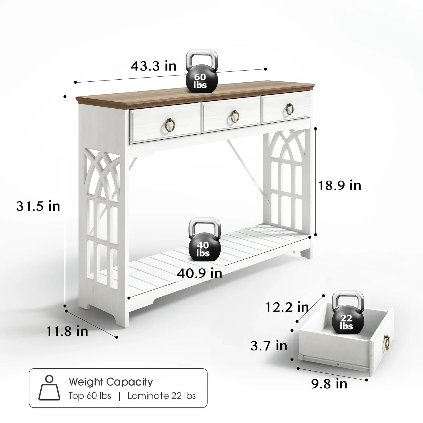JOINICE 43" Console Table with Drawers for Entryway, Farmhouse Wood Table with Shelf, Fireplace,White