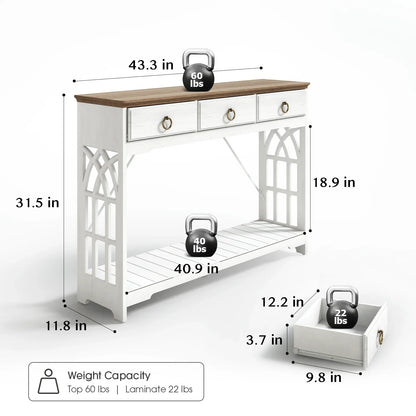 JOINICE 43" Console Table with Drawers for Entryway, Farmhouse Wood Table with Shelf, Fireplace,White