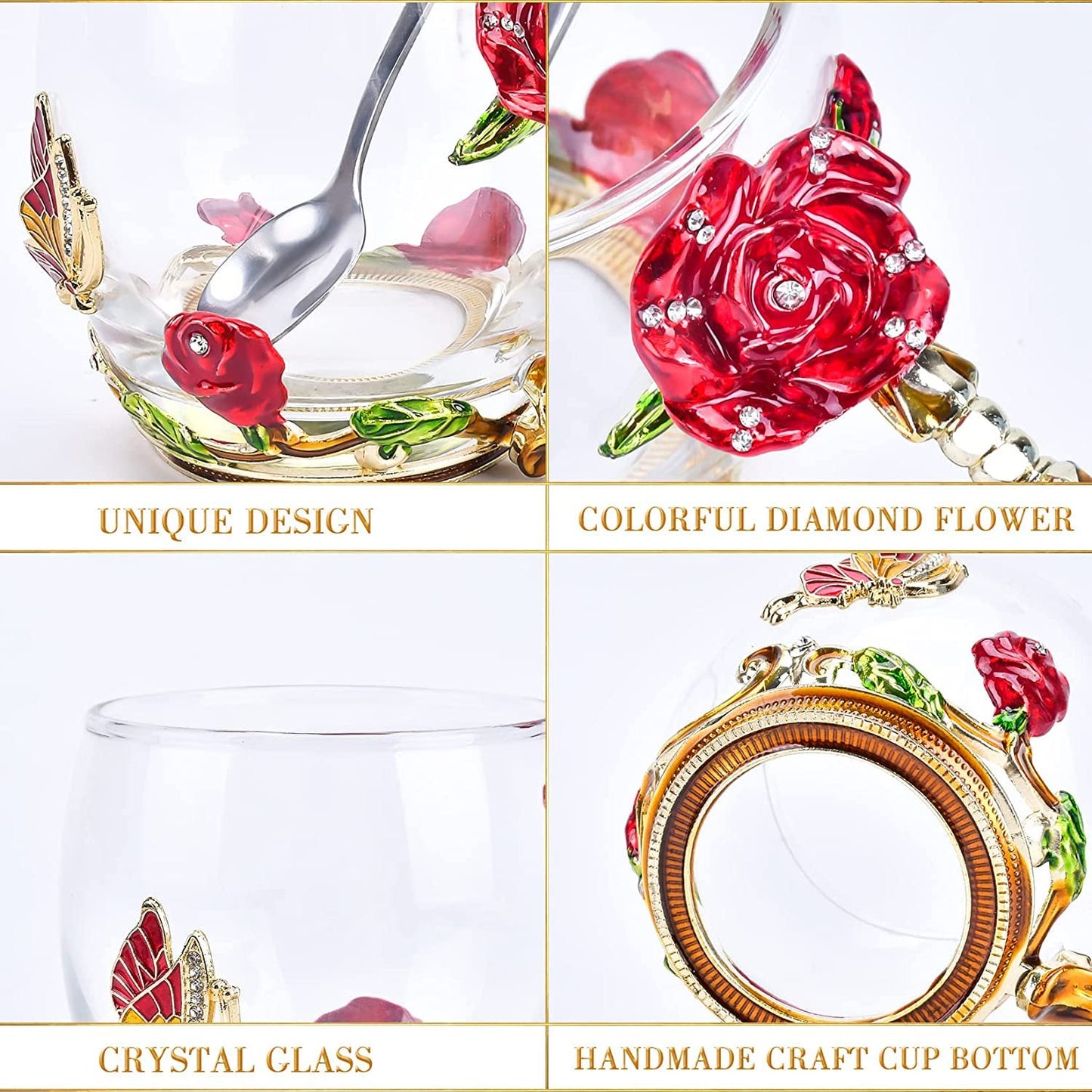 Gifts for Women Glass Coffee Enamel Mug Gifts Set, Best Birthday Butterfly Rose Gifts for Women Mom Mothers Day Valentines Day Christmas Anniversary, Lead-Free Red Tea Cup with Spoon Set