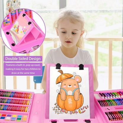 208 PCS Art Supplies, Drawing Art Kit for Kids Adults Art Set with Double Sided Trifold Easel, Oil Pastels, Crayons, Colored Pencils, Watercolor Pens Gift for Girls Boys Artist, Pink