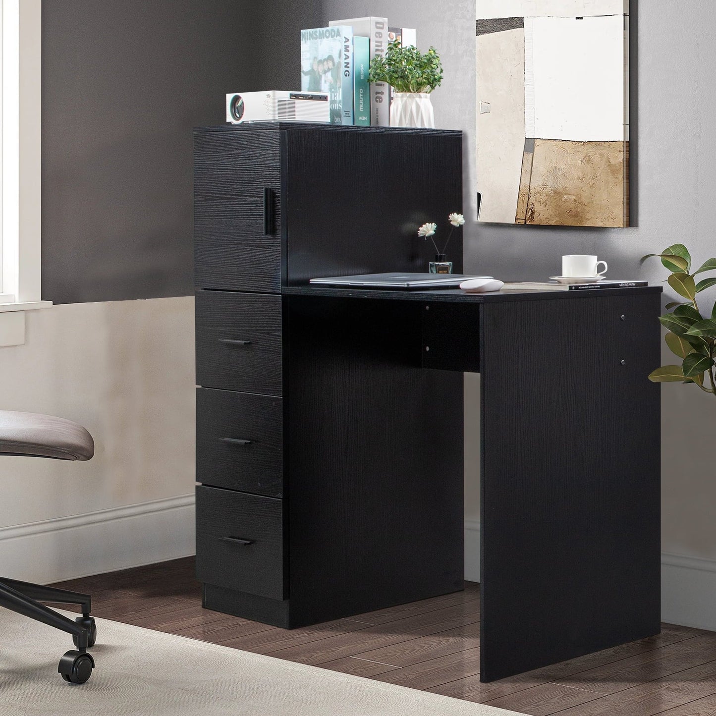 Ktaxon Computer Desk with 2 Power Outlets&USB, Kids Study Writing Table Printer Space, Multipurpose Nail Table with 5 Spacious Drawers, for Home&Office, Black