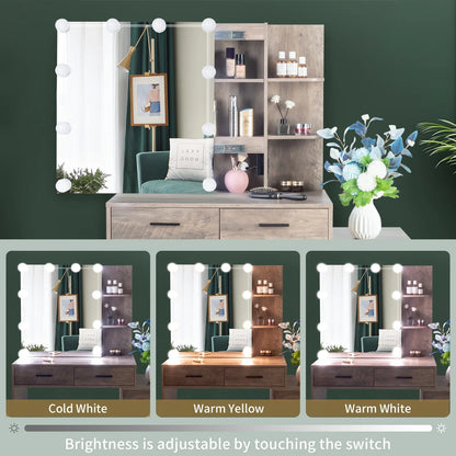 Ktaxon 3 Color Lighted Vanity Set & Charging Station,Makeup Dressing Table with Sliding Lighted Mirror, Dresser Desk and Cushioned Stool Set (Retro Gray)