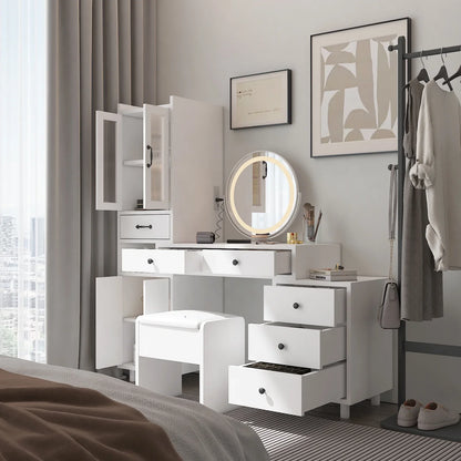 Ktaxon Makeup Vanity Set with USB Charging&3 Color Lighted Mirror, Large Makeup Vanity with Storage Cabinet and Drawers, Dressing Table for Girls, Women, Gold, White