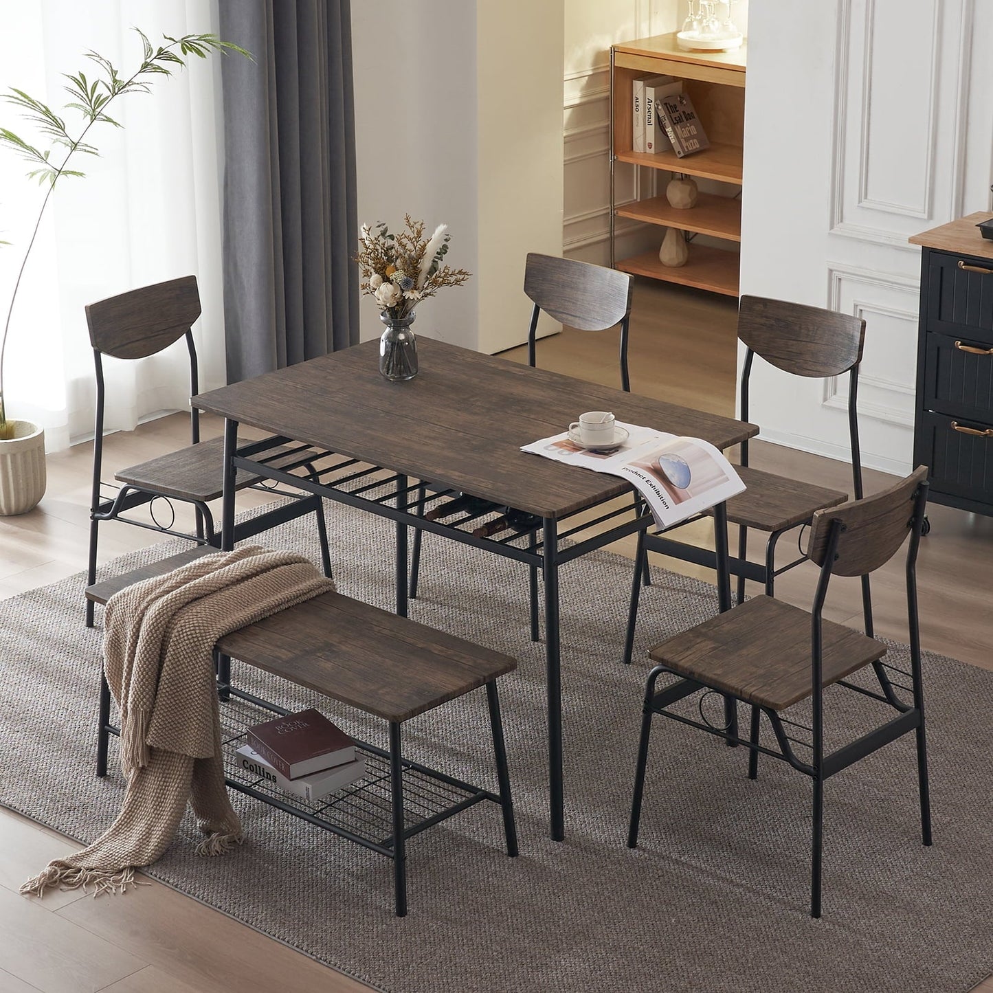 Ktaxon 6-Piece Dining Room Set Modern Kitchen Table Set with 4 Chairs and 1 Bench, Dining Table for 6 with Metal Frame Brown