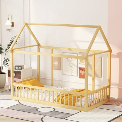 VLDTDRDI Twin Floor Bed with Door and High Fence,Pine Wood Kids Bed,House Bed for Kids, Girls, Boys, Floor Bed Without Slats,Natural