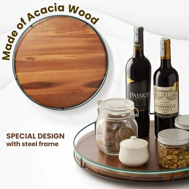 Katinyos 9 inch Lazy Susan Organizer, Non-Skid Round Wood Turntable Organizer with Steel Sides, Pantry Organizers and Storage for Cabinet, Kitchen Countertop, Spice Rack