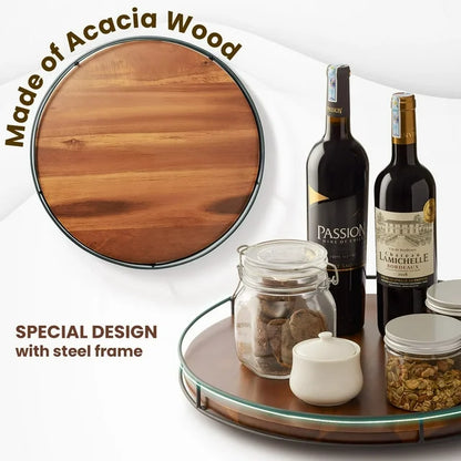 Katinyos 9 inch Lazy Susan Organizer, Non-Skid Round Wood Turntable Organizer with Steel Sides, Pantry Organizers and Storage for Cabinet, Kitchen Countertop, Spice Rack