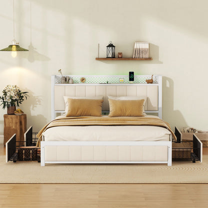 VLDTDRDI 500LBS Queen Bed Frame with LED Lights,Linen Upholstered Platform Bed with 4 Drawers and USB Ports,Heavy Duty Queen Size Metal Platform Bed,Beige