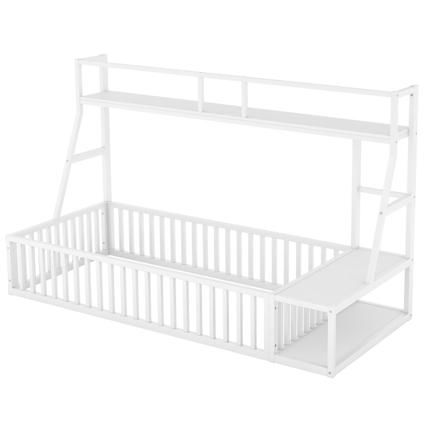 VLDTDRDI Twin Size Toddler Floor Bed with Desk and Storage Shelves,Playhouse Floor Bed Frame for Kids,Metal Floor Bed Twin Size with Safety Guardrails,Bed Twin Size for Girls,Boys